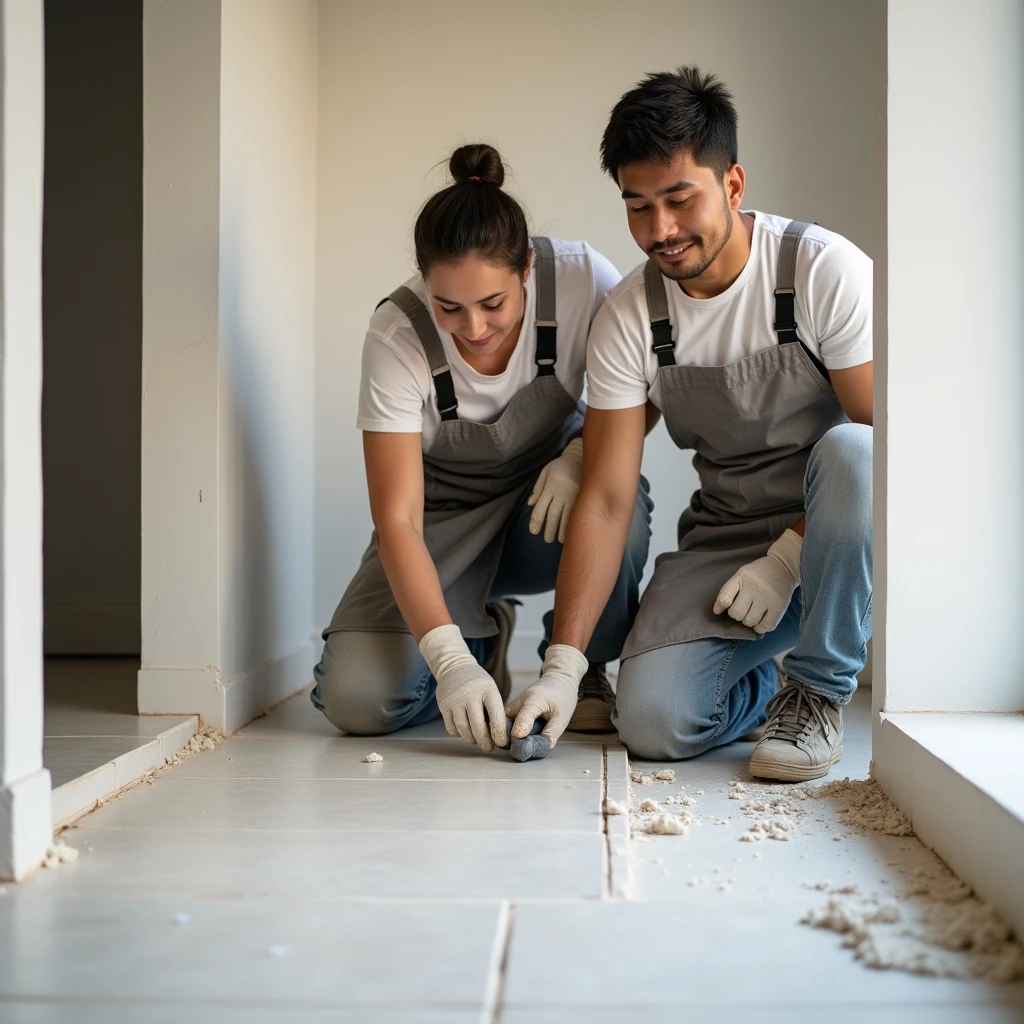 Equipo de trabajo restaurando piso de mármol