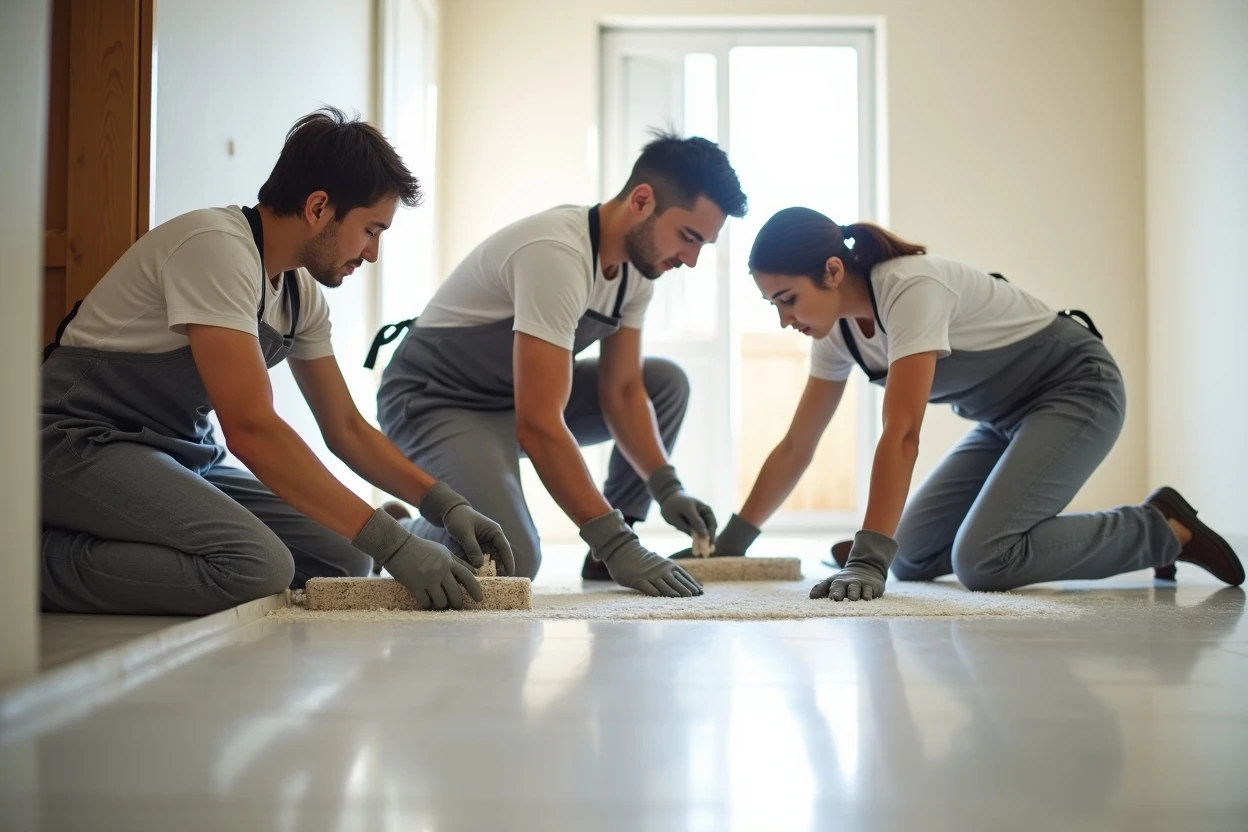 Equipo realizando pulido de piso de mármol en interior
